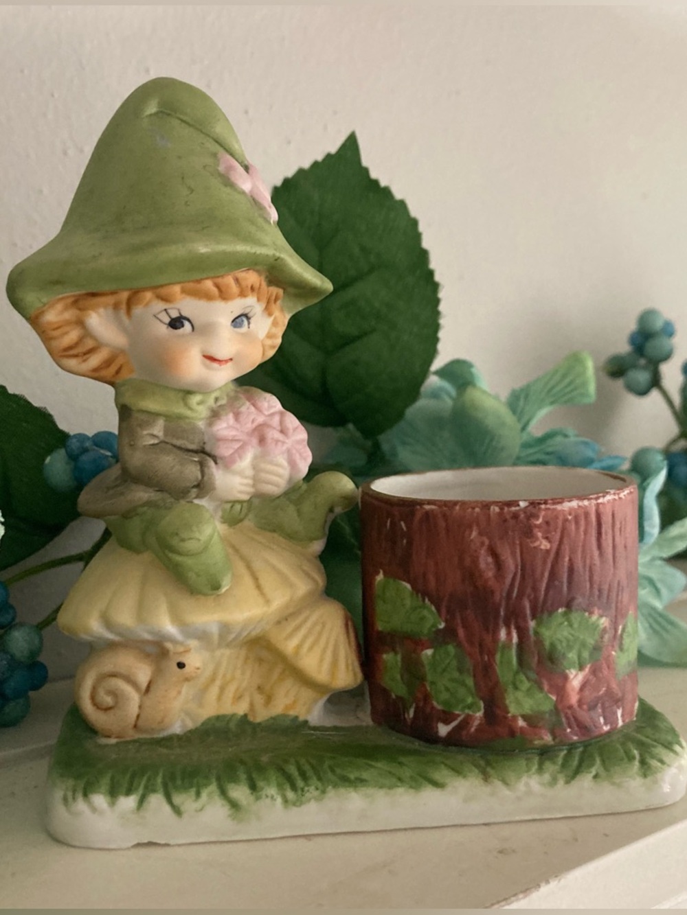 🌸 (2/$20) Vintage Elf on Mushroom Little Luvkins Candle Holder